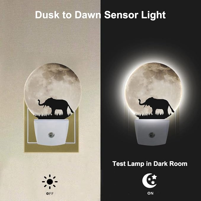 African Animal Night Light Silhouette Elephant on Full Moon Night Lights Plug into Wall 0.5W LED Lighting Auto on/Off for Hallway Stairway Kitchen Home Decor