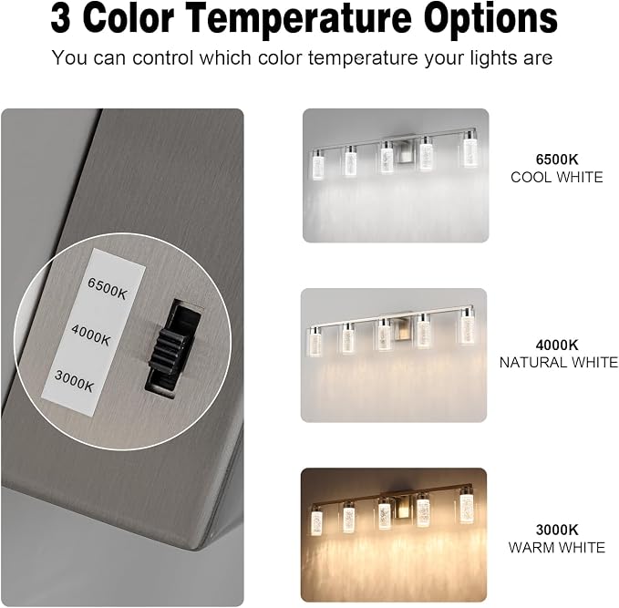 SineRise 5-Light Brushed Nickel Vanity Light with 3 Color Modes (3000K/4000K/6000K), Eye Protection LED Bathroom Light Fixture, Dimmable Modern Wall Light Over Mirror with Clear Glass Shade