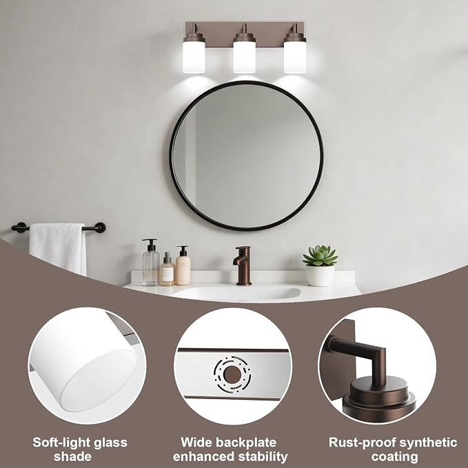 Bathroom Light Fixtures, Oil Rubbed Bronze Bathroom Lighting Fixtures Over Mirror, Modern Vanity Light with White Glass Shade, Restroom Lighting Fixtures, 3-Light 22-inch