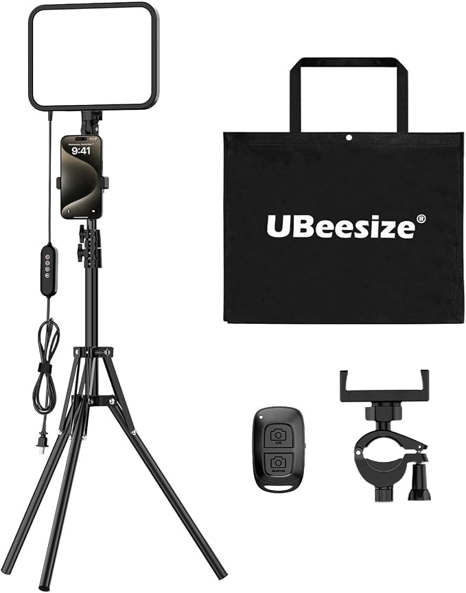 UBeesize 1-Pack LED Video Light Kit with Tripod Stand & Phone Holder | Ultra-Bright 3000-Lumen Dimmable Studio Lights for Live Streaming, Video Recording, Makeup, Gaming, YouTube and Photography