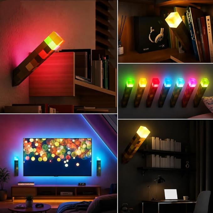 Lethologica 7 Color Pixel Torch Night Light, Brown | Rechargeable, Wall Mount & Portable, USB-C, Bedside/Table Lamp for Kids Room Decor