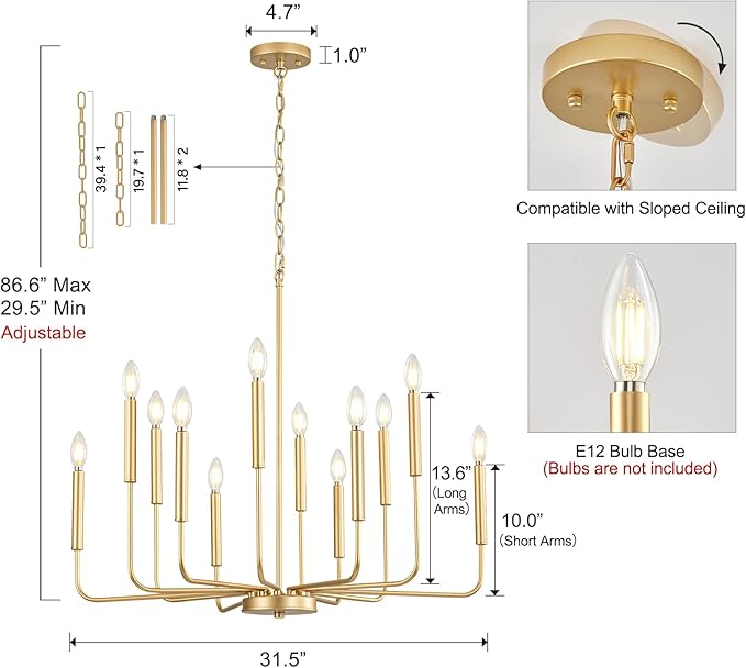 Modern Gold Chandelier for Dining Room,Metal 12-Light Kitchen Light Fixtures, Farmhouse Candle Hanging Pendant Light for Living Room Entryway Foyer Bedroom (Bulbs Not Included)