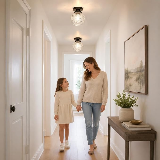 Daunton Semi Flush Mount Ceiling Light Fixtures, Vintage Globe Glass Ceiling Light Fixture, Antique Small Black Hallway Light Fixtures for Bedroom, Closet, Entryway, Bathroom, Kitchen
