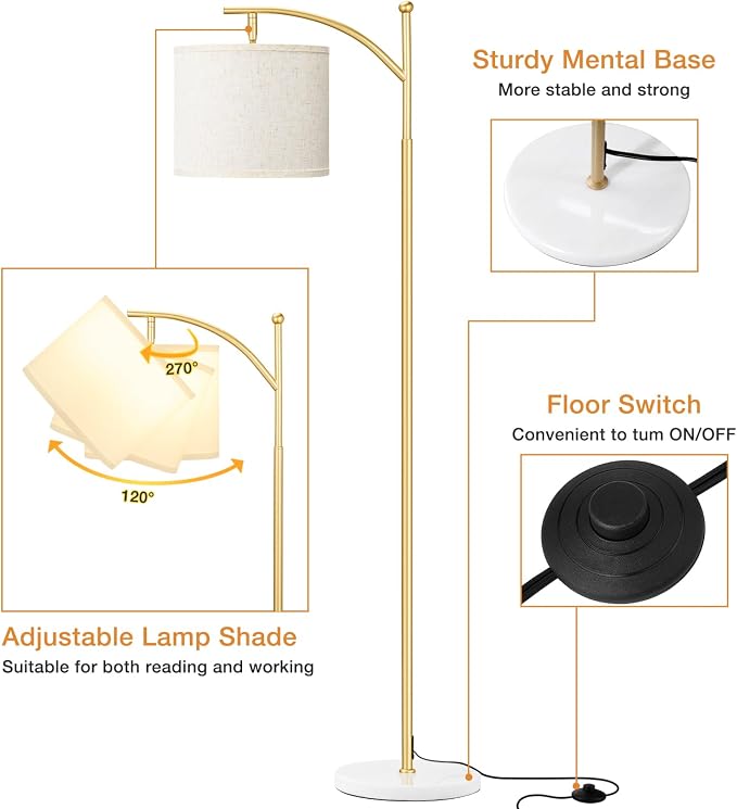 60" Floor Lamp for Living Room with 3 Color Temperatures, Gold Standing Lamp with White Marble Base, Modern Tall Lamp for Bedroom Office, 9W LED Bulb Included