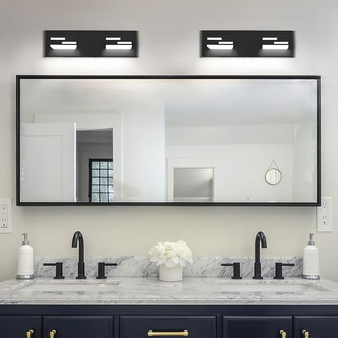 LED Modern Bathroom Vanity Light Fixtures, Dimmable Matte Black Vanity Lights for Bathroom Lighting Fixtures Over Mirror, with 360° Rotatable Acrylic Heads 2-Light 16-inch 5CCT