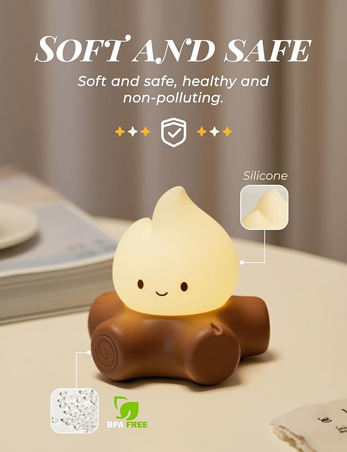 Campfire Camping Night Light, Flickering Flame Lights, Cute Gifts | Kids Camping Essentials, Silicone, Portable, Dimmable, Rechargeable Night Light, Flameless Candle Nightlight, Camping Decor