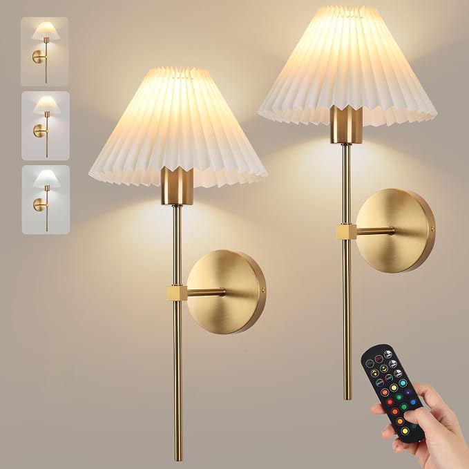 Gold Wireless Wall Sconce Sets of 2, Pleated Shades Rechargeable Battery Operated Wall Sconce, Retro Industrial Wall Lights Bathroom Vanity Sconces, Wall Mounted Lamps for Bedroom Living Room Hallway