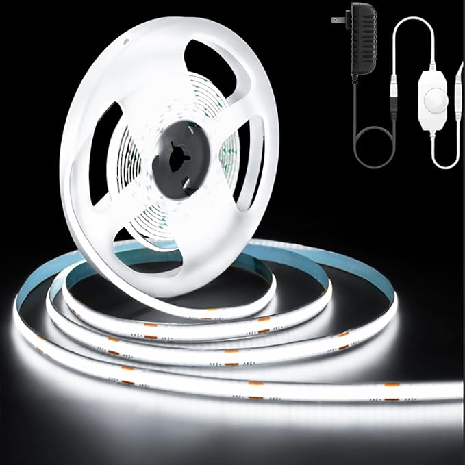GUPUP 16.4ft COB Turnable Rope Light, White LED Strip Light, 6500K 24V | 1600 LEDs Density Lighting Strip with Dimmable Switch, 3M Adhesive, CRI≥90, for Cabinet, Kitchen, Mirror, Home Decoration