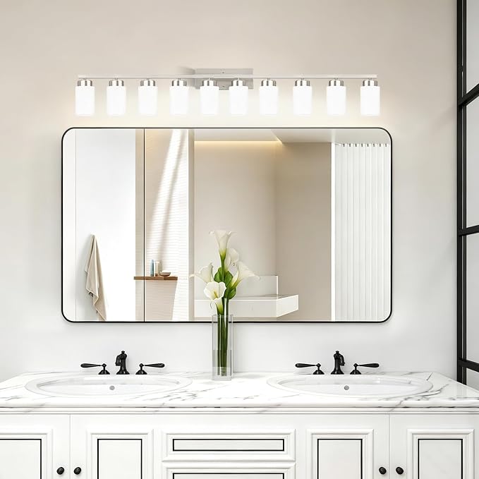 IZORRO Modern Bathroom Light Fixtures, 10 Light Brushed Nickel Vanity Lights, Bathroom Lighting Fixtures Over Mirror with White Glass for Living Room Cabinet Bedroom