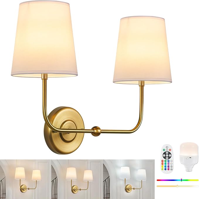 Battery Operated Double Wall Sconce, Cordless Rechargeable Battery Powered 2-Lights Fabric Sconces with Remote Control,Dimmable Sconce Wall Decor Lights for Vanity,Bedroom, Living Room