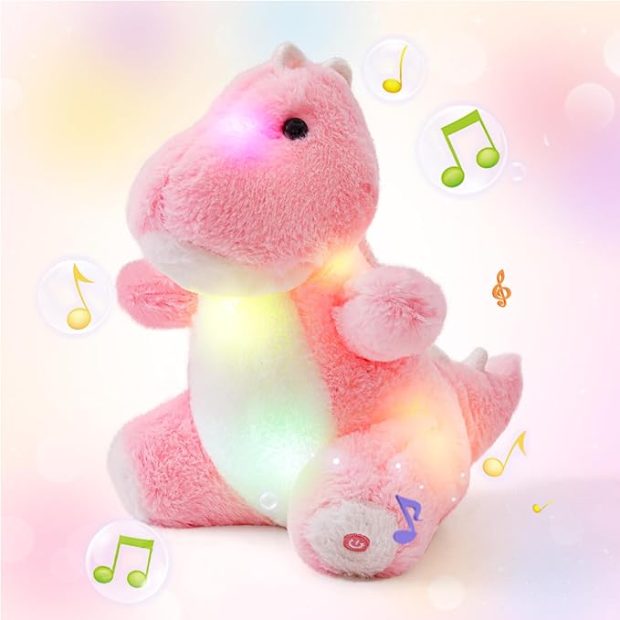 Glow Guards 12'' Light up Music Dinosaur Stuffed Animal, LED Soft Dinosaur Plush Toy with Magic Night Lights&Lullaby, Birthday Children's Day for Toddler Kids (Pink, Music)