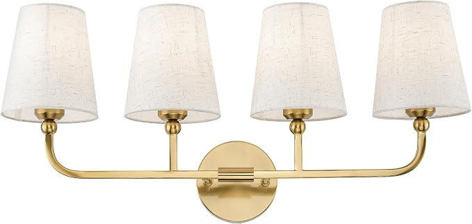 4-Light Brushed Gold Bathroom Vanity Light with Linen Fabric Shade | 28 Inch gold bathroom light fixture over mirror, UL listed, E26 bulbs, hardwired, upward only, VL837-BG-A-4