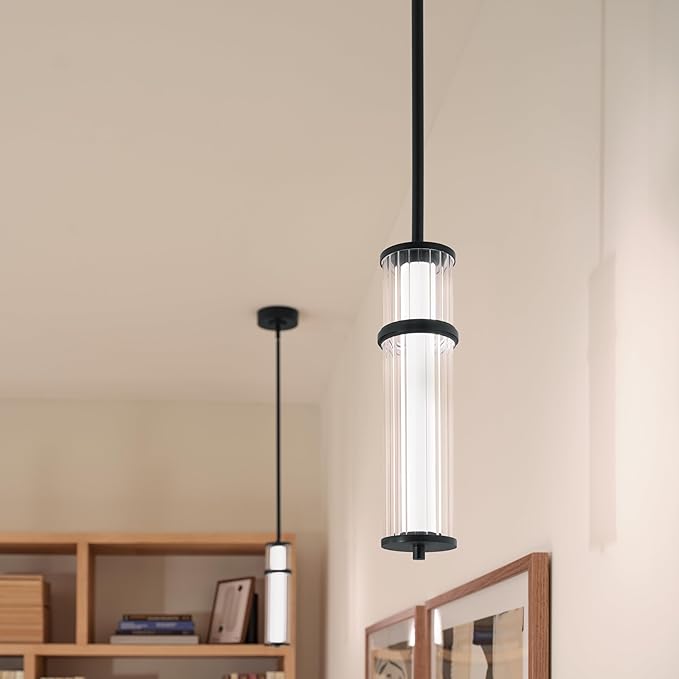 Kichler Riven LED 1-Light Pendant with Clear Fluted Glass in Black, Sloped Ceiling Compatible, for Kitchen or Dining Room (15.5" x 5"), 52755BKLED