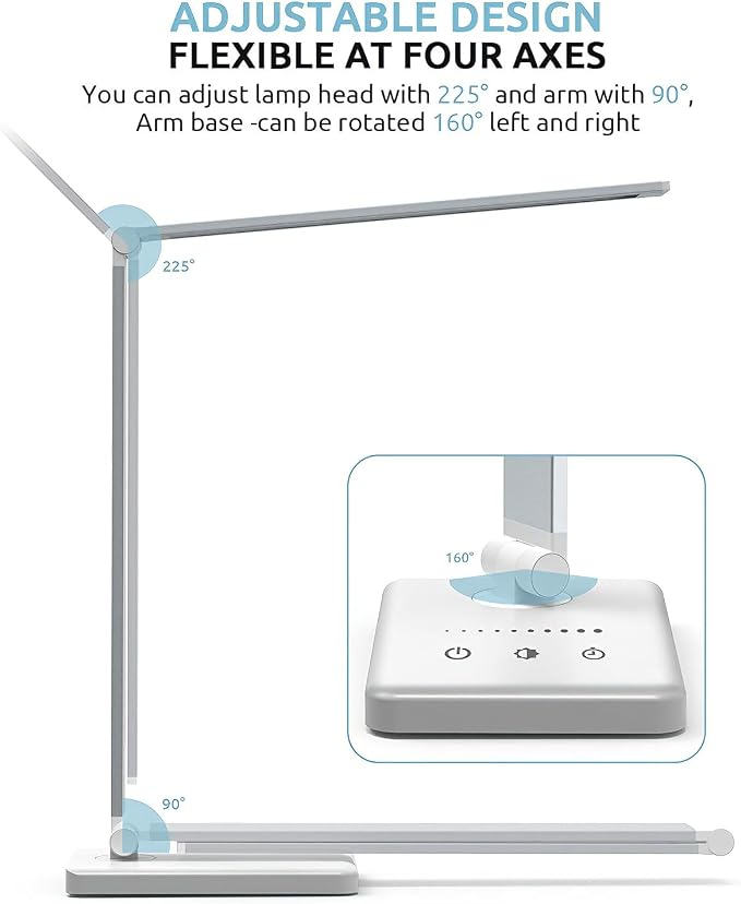LED Desk Lamp with USB Charging Port, 5 Color Modes, 10 Dimmable Brightness Levels, Eye-Caring Reading Light, Touch Control & 30/60 min Auto Timer, Silver