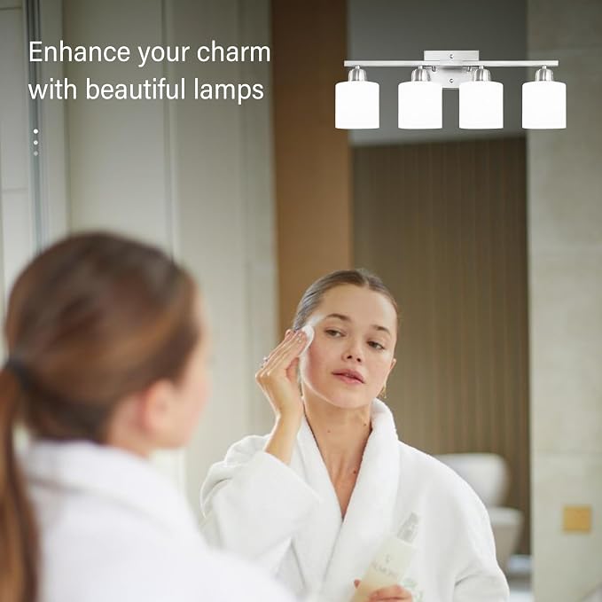 4 Light Bathroom Light Fixtures, Anti-Rust Finish Brushed Nickel Vanity Lights for Bathroom with Milky White Frosted Glass Shade for Mirror Bedroom Living Room E26 Base