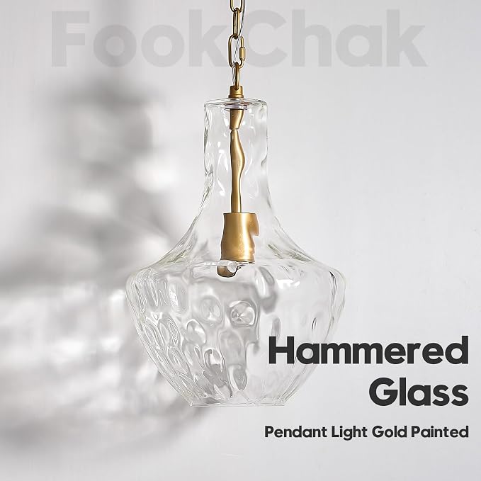 Hammered Glass Pendant Light Gold Kitchen Island Light Large Glass Pendant Lights Over Sink Brass Hand-Blown Glass Hanging Light for Kitchen Dining Room Hallway Entrance