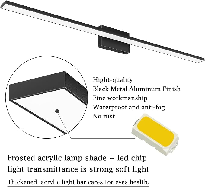 Ralbay 5 Color Temperature Dimmable Mdoern Black Vanity Light for Bathroom Lighting 48inch Acrylic LED Modern Black Bathroom Wall Lighting Fixtures Over Mirror