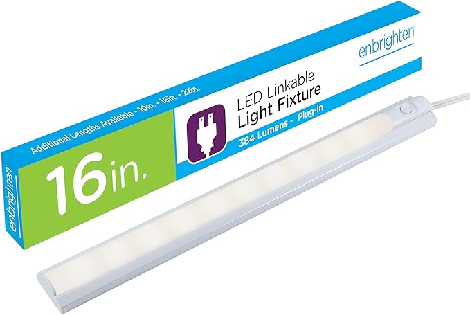 Enbrighten 16 Inch LED Premium Under Cabinet Light Fixture, Plug-in, Bright White 3000K, 384 Lumens, Plastic Housing, On/Off Switch, Perfect for Kitchen, Home Office, Garage, Workbench & More, 26535