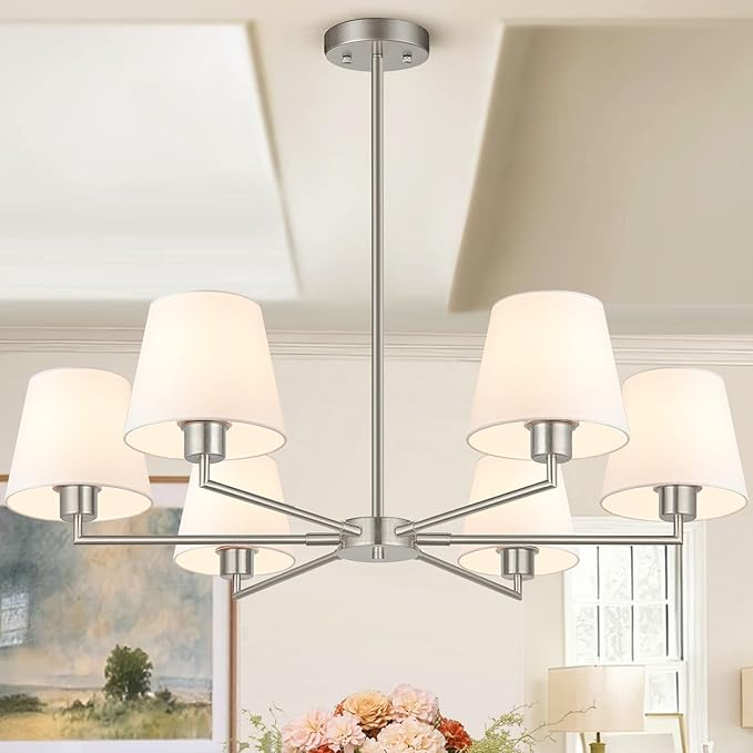 36" Brushed Nickel Dining Room Light Fixture, No Assembly Required 6-Lights Kitchen Chandelier for Dining Room with White Fabric Shade, Chandelier Ceiling Light Fixture for Kitchen Bulb Not Included