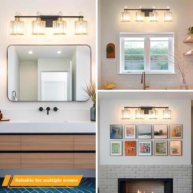 Modern Balck and Gold Crystal Bathroom Vanity Light, 4-Lights Bathroom Light Fixtures, Vanity Light Fixtures Over Mirror, Glass Wall Sconce Light for Bedroom, Kitchen, Living Room, Gallery, E26 Base
