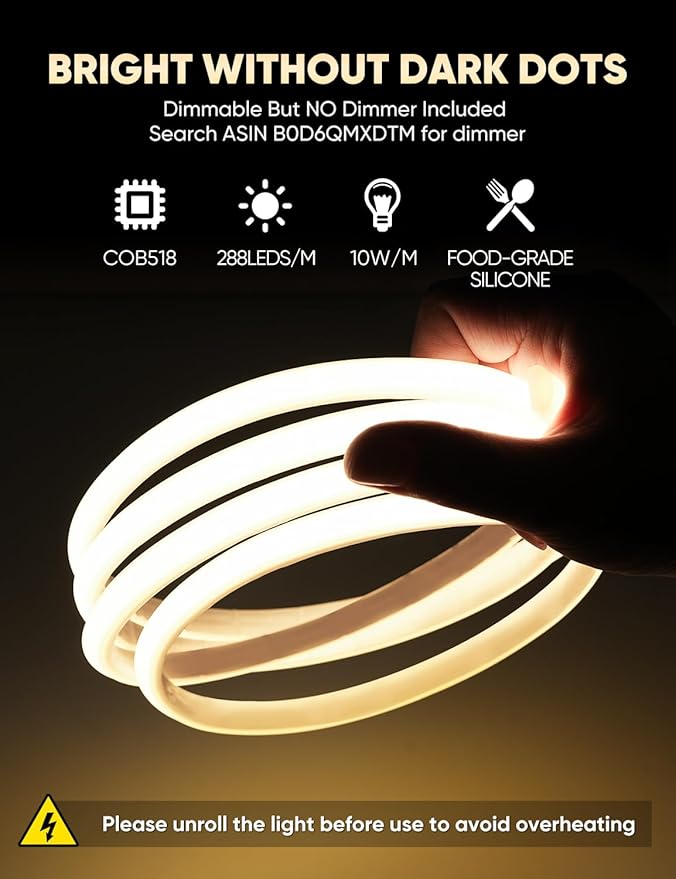 COB Led Neon Rope Lights 131ft 2800K Warm White, 110-120V Outdoor Waterproof Lighting Strip 600lm/m Super Bright, Cuttable and Adhesive, for Roof Bedroom Garden Commercial