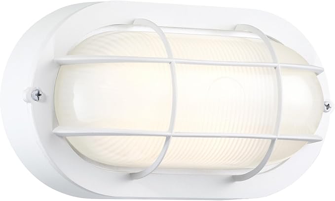 GRUENLICH LED Bulkhead Light Fixture, Aluminum Outdoor Wall Lantern, 8.5" | Oval Exterior Porch Light Wall Sconce for House Walkway Nautical Sauna, Dimmable 6W 600 Lumen, Glass, 3000K, White, 1 Pack