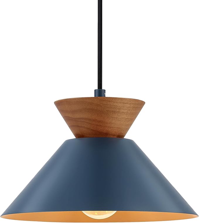 ELYONA 10 Inch Modern Pendant Light Fixture Farmhouse Solid Wood Hanging Lamp with Navy Blue Metal Shade & Gold Inner Finish Adjustable Pendant Light for Kitchen Island Dining Room Bedroom Modern Blue