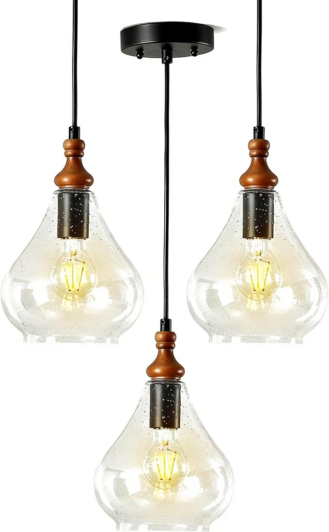 Farmhouse Teardrop Pendant Light for Kitchen Island, Brown Pine Wood and Seeded Glass Shade Hanging Light Fixture, Adjustable Cord, Rustic Dining Room, Coffee Shop and Bar Pendant Lighting (3 Packs)