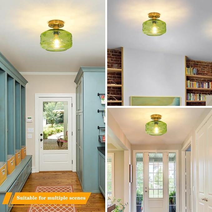 Semi Flush Mount Ceiling Light, Vintage Small Ceiling Light Fixture, Thickened Glass Hallway Light Fixture, Brass Kitchen Ceiling Mount Lamp with Green Glass for Entry Way, Bedroom, Bathroom, Porch