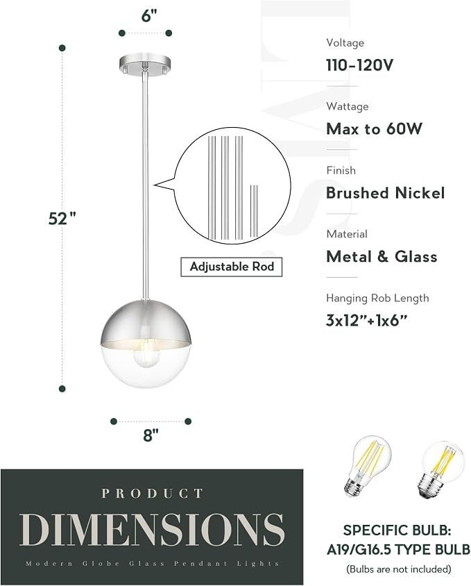 Modern 1-Light Pendant Light Fixtures, Brushed Nickel Kitchen Island Pendant Light Fixtures with Clear Globe Glass, Adjustable Hanging Rod Ceiling Light for Dining Room Bathroom, LMS-186BNC