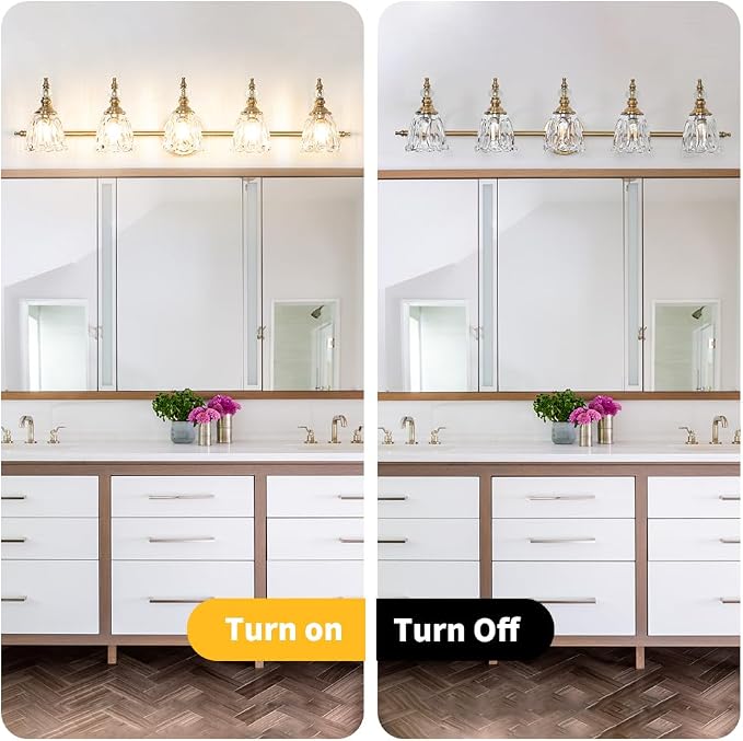 Brushed Antigue Brass Bathroom Light Fixtures, 5 Lights Vanity Light with Flower Glass Shade, Bathroom Vanity Light Over Mirror, Vintage Sconces Wall Lighting for Hallway Livingroom Bedroom