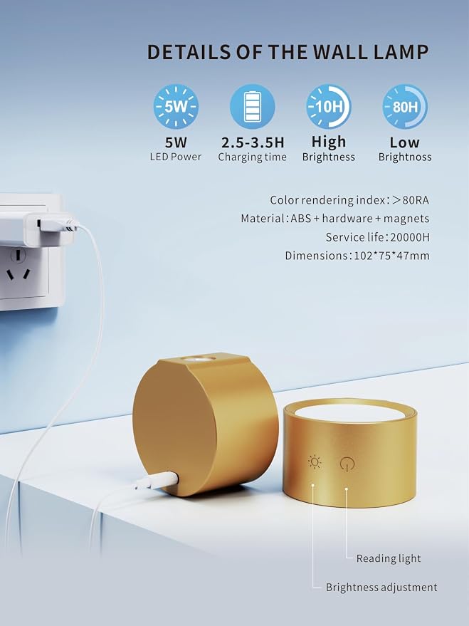 LANMEL LED Wall Mounted Lights,360° Rotating Rechargeable Wall Sconce Lamp | Gold,3CCT,Dimmable,with Remote & Touch Control,USB Wireless Wall Lamp, Suitable for Study,Bedroom,and Bedside Reading