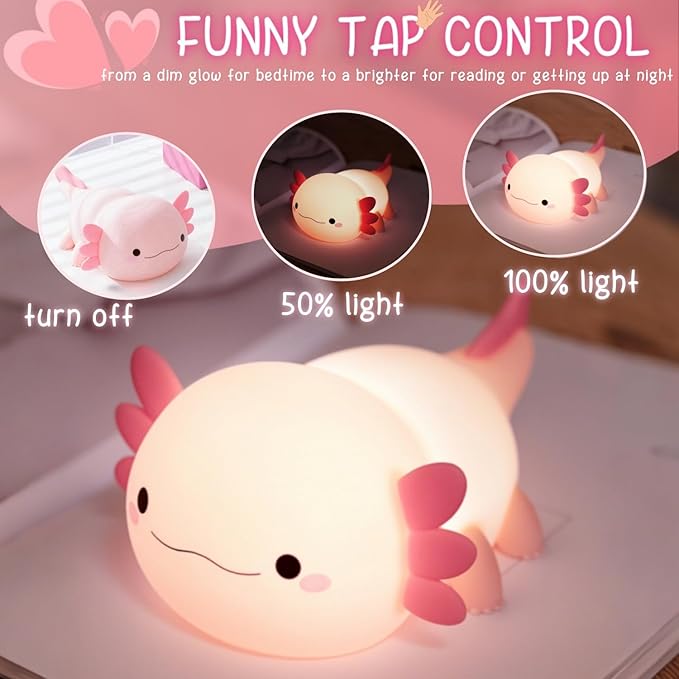 Axolotl Cute Night Light, Kids Squishy Rechargeable Axolotl Lamp, Mom Mothers Day Gifts, Girl Bedside Animal Nightlight, Dimmable Silicone LED Toy Pink Light, Baby Nursery Kawaii Décor