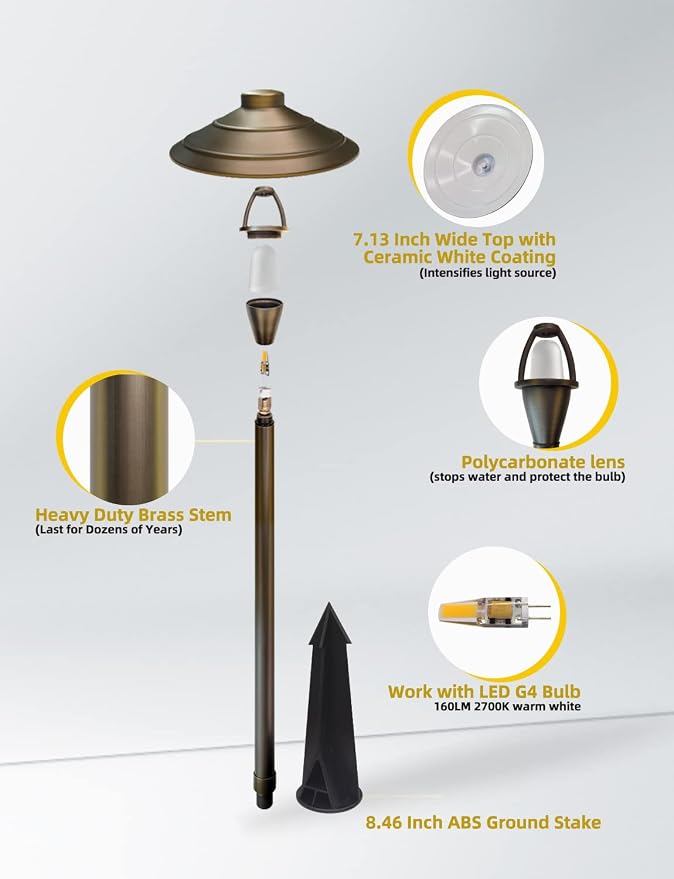 COLOER Brass Low Voltage Walkway Lights for Outside 1-Pack G4 Bulb (601B) | 9-17V AC/DC 2W 2700K Warm White, Bronze Finish, 7.13'' Shade 24'' Tall, Heavy Duty LED Landscape Path Lights Outdoor Wired