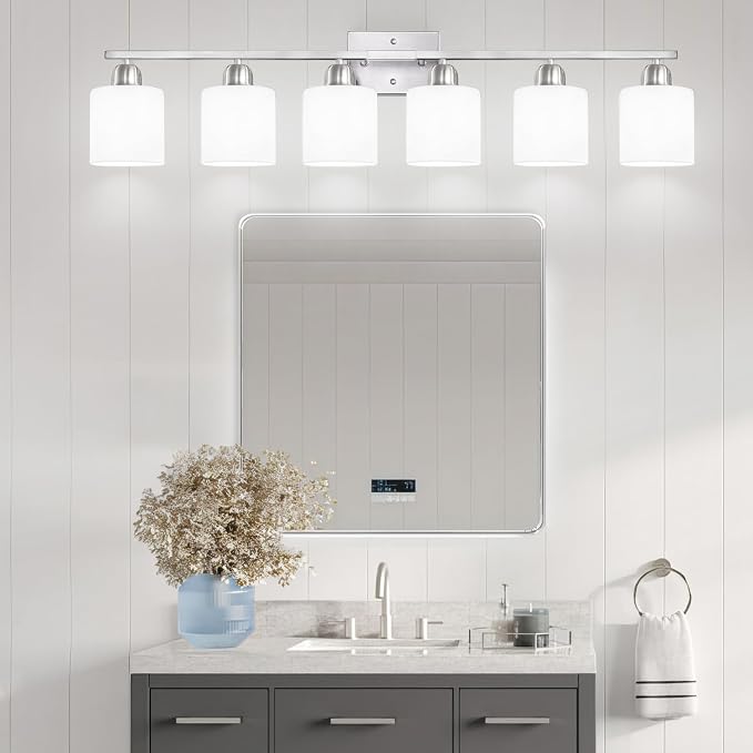 Large Bathroom Vanity Light Fixture, 6 Light Anti-Rust Finish with Milky White Frosted Glass Shades, 38 Inch Bath Light Above Mirror Light Fixture