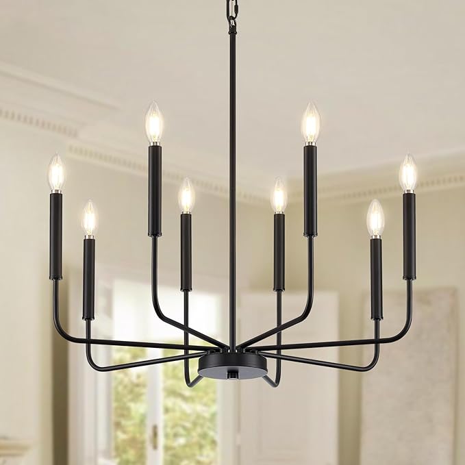 Modern Black Chandelier for Dining Room,Metal 8-Light Kitchen Light Fixtures, Farmhouse Candle Hanging Pendant Light for Living Room Entryway Foyer Bedroom (Bulbs Not Included)