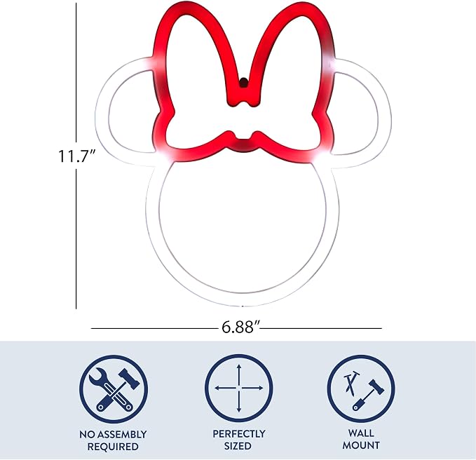 Disney Minnie Mouse Neon Figural LED Hanging Wall Art, Kids Bedroom & Playroom Wall Décor, 6.8” x 11”