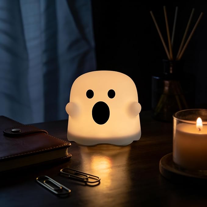 Ghost Night Light, Cute White Night Lamp for Bedroom USB Rechargeable Lamps Adjustable Brightness, Nursery Bedside Delay-Off Nightlight for Birthday Gift Halloween Christmas