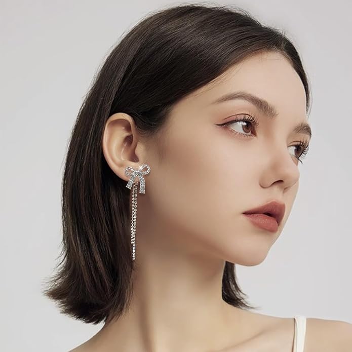 Luxval Rhinestone Earrings Dangling for Women Sparkly Silver Dangle Earrings Girls Long Chandelier Earrings Tassel Lightweight Ear Studs Cubic Zirconia Crystal Statement