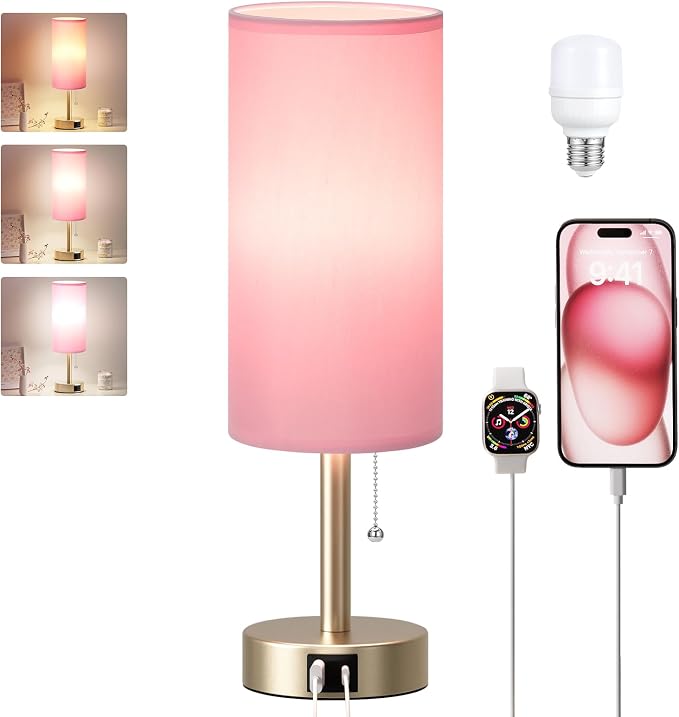 Pink Bedside Table Lamp for Bedroom - Small Nightstand Lamp for Girls | 3 Color Temp, USB A+C Ports, LED Bulb Included, Soft Pink Fabric Shade, Mocha Gold Metal Base, 14" Desk Lamp for Kids Dorm