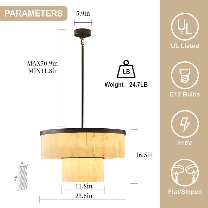 Alabaster Chandelier 2-Tier D24 Round Chandeliers, Modern Dining Room Chandelier Marble Pendant Light Farmhouse for Living Room, Bedroom, Foyer, Kitchen, Entryway Black(Include Bulbs)