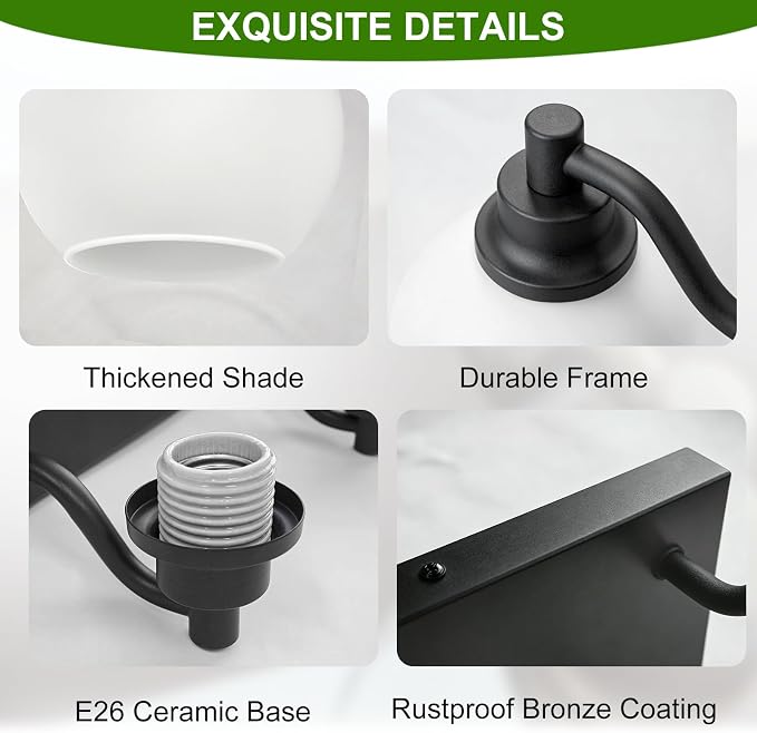 IZORRO Bathroom Light Fixtures, 2-Light Matte Black Vanity Light, Modern Wall Sconces with Globe Milk White Glass Shade, Vanity Lighting Fixtures Over Mirror,E26 Bulb Socket