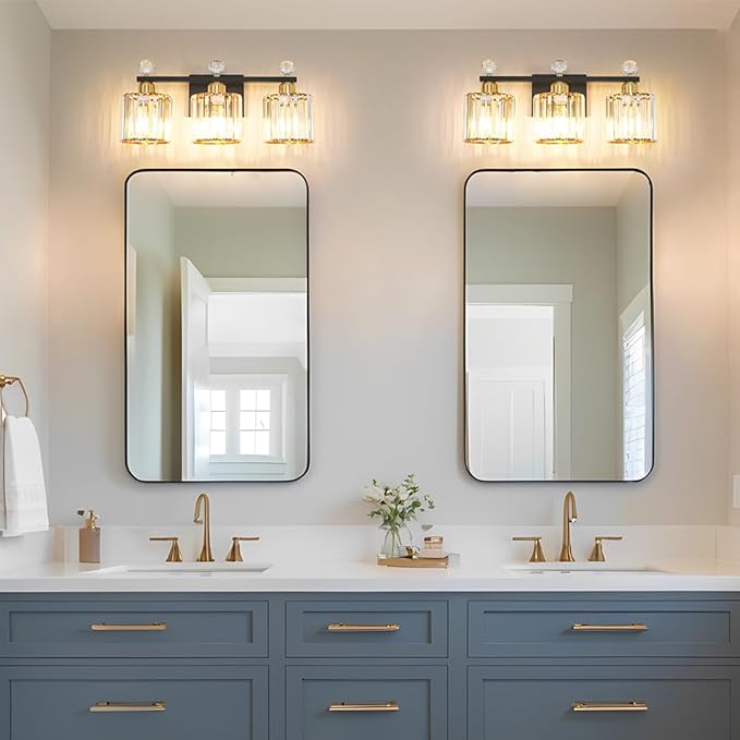 Black and Gold Bathroom Vanity Light, 3-Lights Crystal Vanity Lights for Bath, Modern Bathroom Light Fixture Over Mirror, Wall Mount Lights with Clear Crystal Glass for Bedroom Living Room