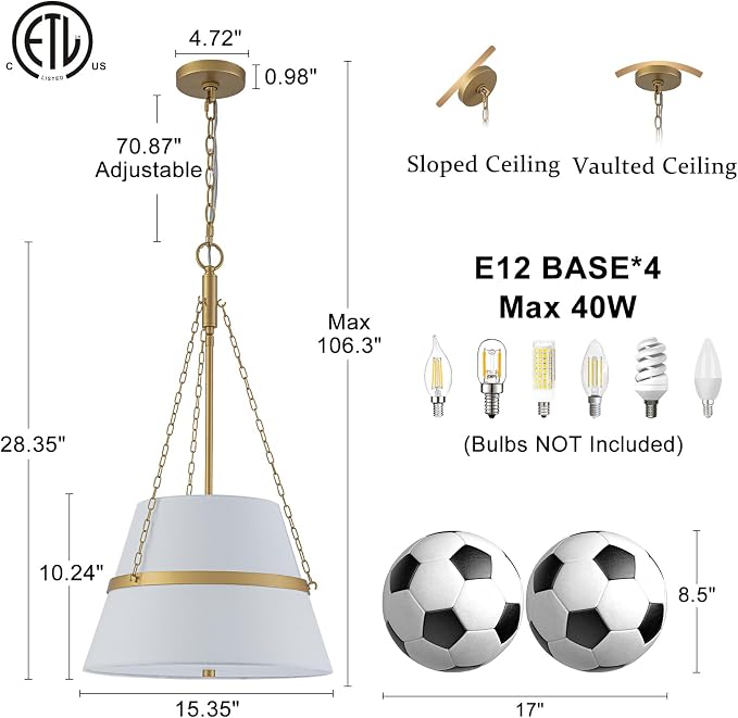 15.35" Gold Drum Chandelier, White Linen Pendant Light for Kitchen Island | Modern Transitional, 4-Light, 3 Side Chains, for Dining Room, Breakfast Nook, Home Office, Adjustable Chain 15.35"W x 28.35"H