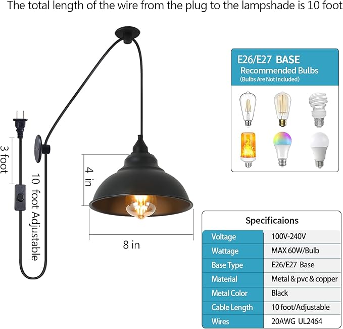 Plug in Pendant Light Fixtures Hanging Lamp Shades Hanging Light with Plug in Cord Black Light Corner Hanging Lamp Pendant Lights Hanging Lamps That Plug Into Wall Outlet Ma625