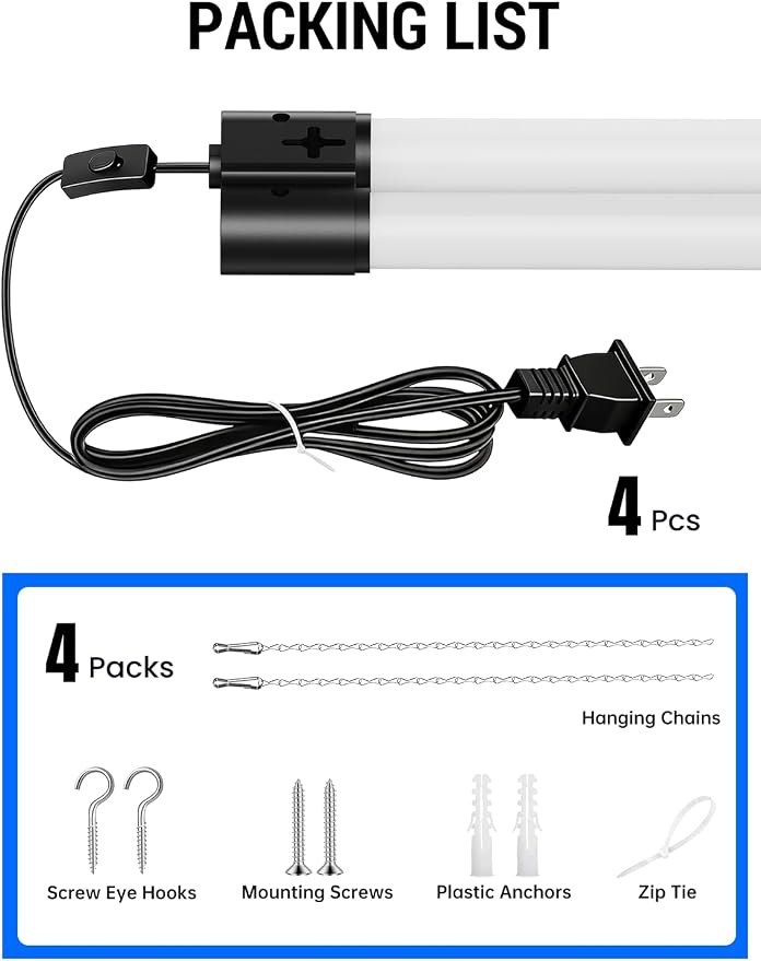 (4 Pack) LED Shop Light 4FT, 4500LM, 45W (150W Equivalent), 6500K Bright White Linkable Integrated Ceiling Light Fixture, Hanging or Flush Mount Garage Lighting, Corded Electric with ON/OFF Switch