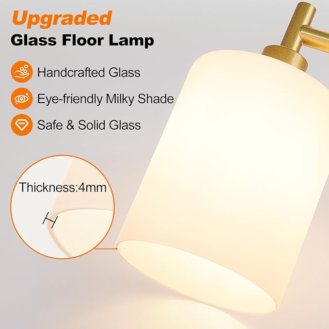 【Upgraded】 Dimmable Floor Lamp for Living Room with Opal Glass Lamphade, Gold Modern Glass Floor Lamp with 900LM LED Bulb Included, Arc Standing Tall Lamp for Bedroom, Office, Reading Room, Corner