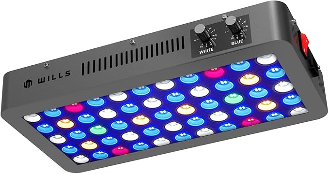 Wills Aquarium Light, 100W Full Spectrum LED Reef Lights, 16"x8"x2.4" | Coral Saltwater Fish Tank, Blue/White Dual Dimmable Channels, 55 Premium SMD LEDs, Daisy Chain Design, Hanging Kit