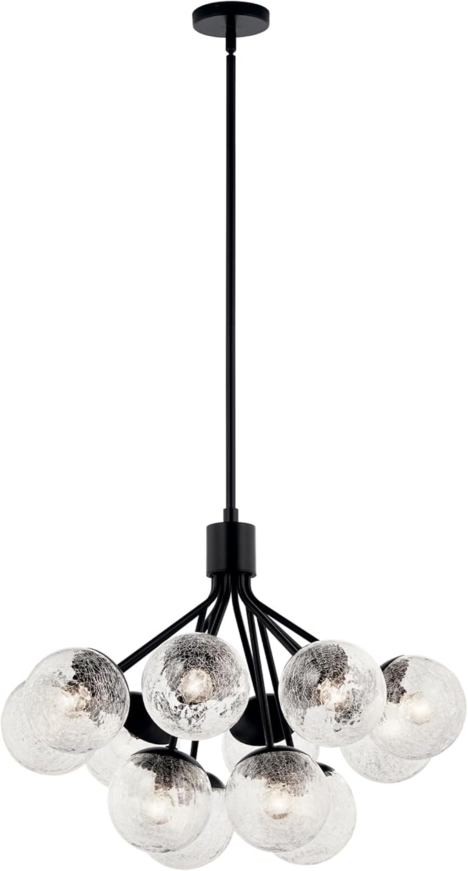 Kichler Silvarious 12-Light Convertible Chandelier, Soft Modern Light with Clear Crackled Glass in Black, for Dining Room, Living Room, Bedroom or Foyer (22.25" x 30"), 52701BK