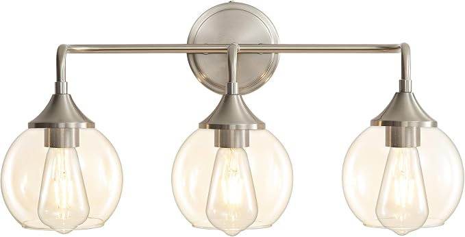 Bathroom Light Fixtures 3-Light Brushed Nickel Vanity Light 31" | Farmhouse Vanity Lighting Fixtures Over Mirror, Thickened Clear Glass Shade, UL E26 Dimmable Vanity Light Fixtures